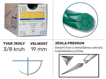 Polyester green 3/8 DS 19mm 75cm 3/0 7201519